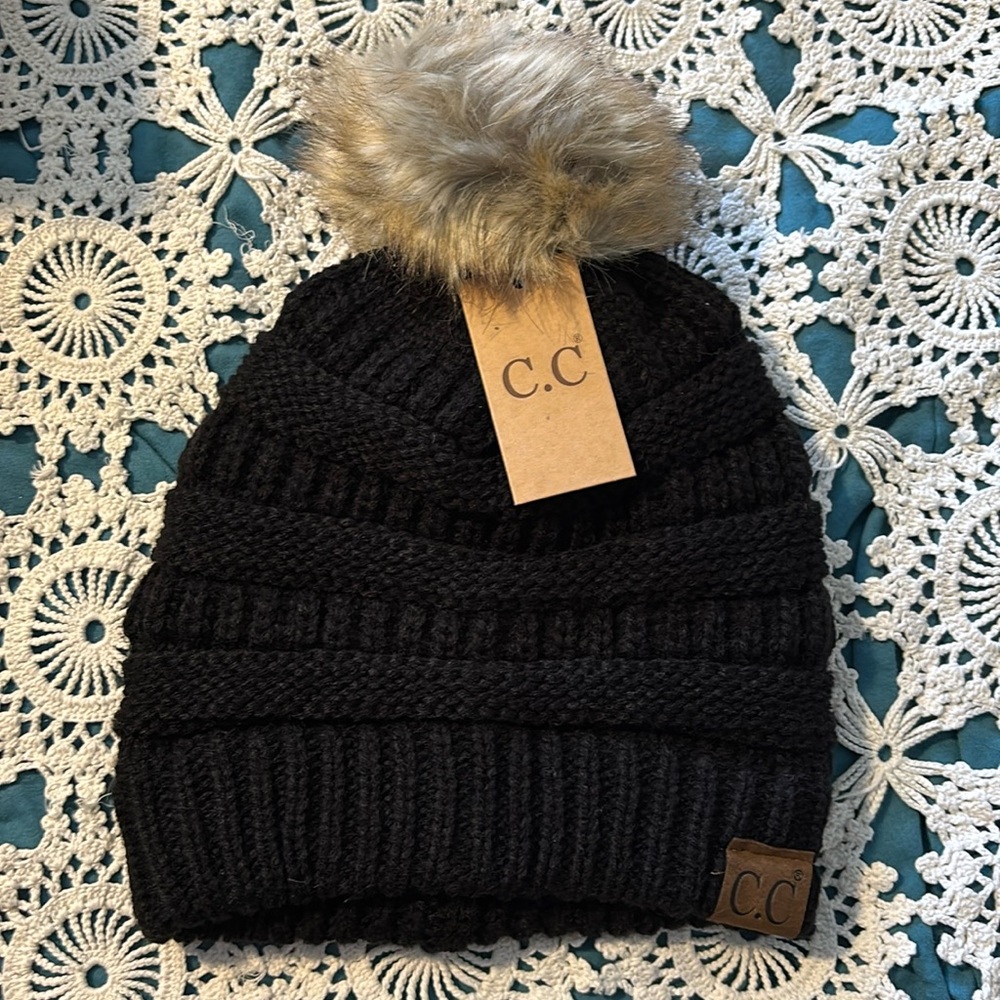 C.C Stretch Cable Knit Ribbed Super Soft Faux Fur Pom Pom Beanie Hat cc